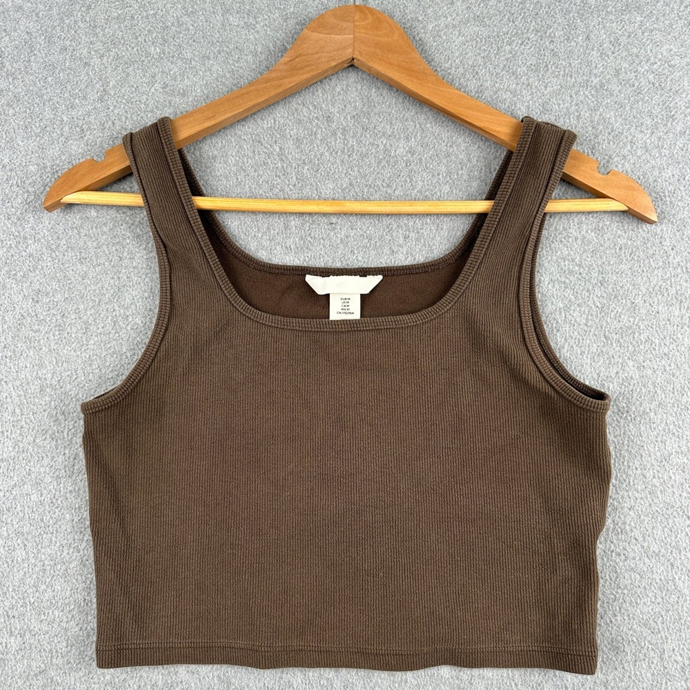 H&M Tank Top Womens Medium Brown Ribbed Cropped Square Neck Stretch